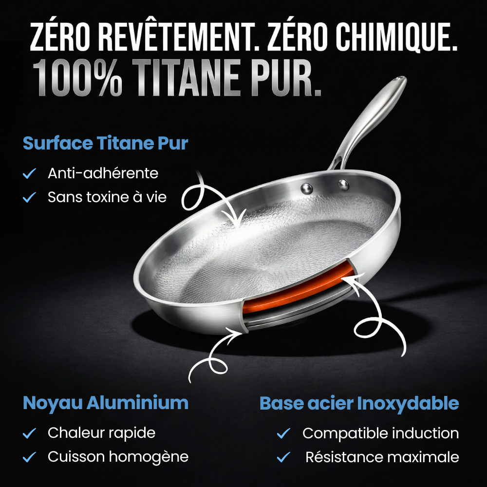 Poêle en Titane Pur Martelé — Sans Revêtement